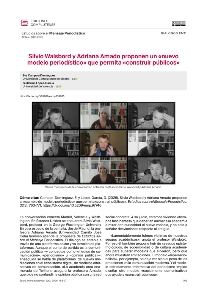 Primera página del artículo académico sobre un nuevo modelo periodístico para construir públicos