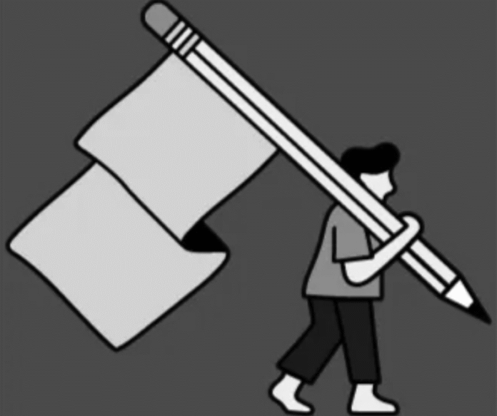 Ilustración de una persona cargando un lápiz gigante y una hoja de papel