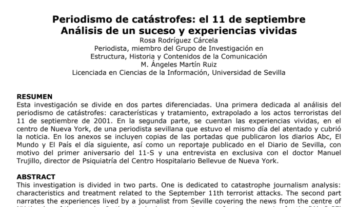 Título y autoría del estudio Periodismo de catástrofes: el 11 de septiembre