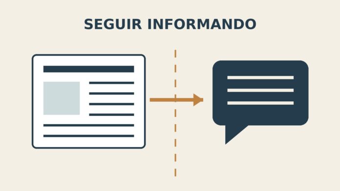 Ilustración editorial de un periódico que cruza una frontera simbólica para seguir informando