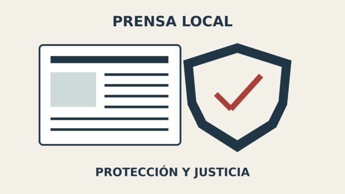 Ilustración editorial de un periódico y un escudo sobre protección de la prensa local