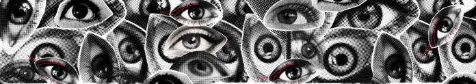 Collage de ojos en blanco y negro con flechas rojas